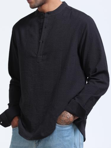 Image of StitchX Men's Seersucker Band Collar Pure Cotton Striped Kurta Shirt-S-2XL
