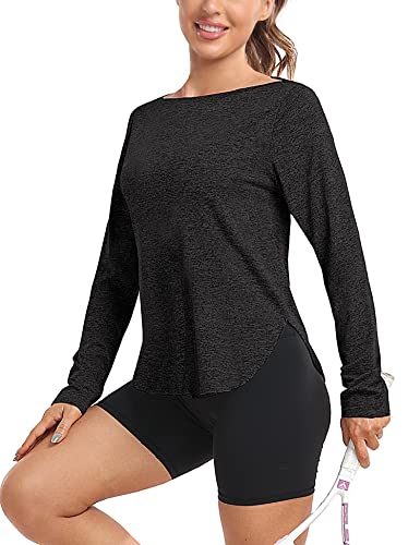 Yoetaun Womens Lightweight Exercise Shirts Long Sleeve Round Neck Loose Gym Workout Top Soft Sporty Tshirt Black S #TOP1