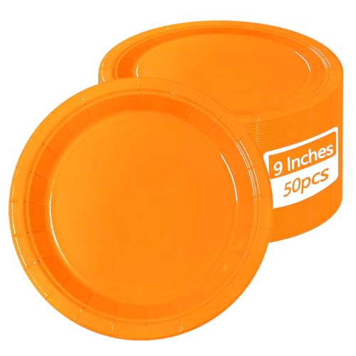 APUXXJUPA 50 platos de papel naranja claro - 23 x 23 cm Platos redondos naranja claro resistentes para uso diario Decoraciones navideñas Picnic