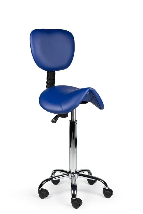 Ergonomischer Sattelhocker Blau mit Lehne auf Rollen - Niedrig (40-56cm) / ohne Fußstütze/Standardmäßige Räder