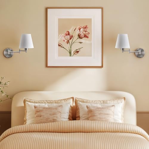 VONLUCE Modern Adjustable Swing Arm Wall Lamp Brushed Nickel, Plug-in Wall Sconce Lighting for Bedroom Bedside, Living Room, Kitchen, Hallway, Wall Mounted Light Fixtures with White Fabric Shade by VONLUCE - Image 8