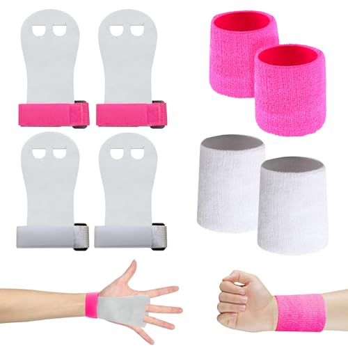 Scettar Set di Polsini da Ginnastica, 2 Paia Manopole Paracalli per Ginnastica Artistica Bambina, Falcon Grip Pad per Cross Training per Ragazzi e Ragazze, con 4 Polsini Palestra (Bianco, Rosa)