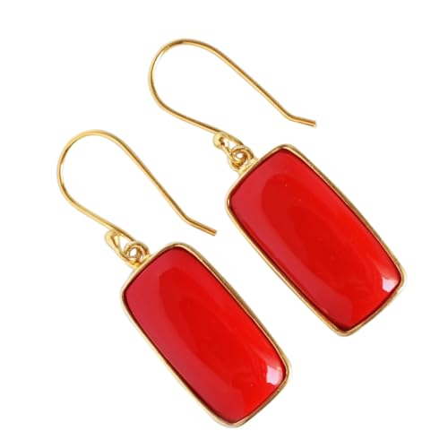 Boucles d'oreilles pendantes argent 925 femme pierre rouge cabochon 22x11mm fait main