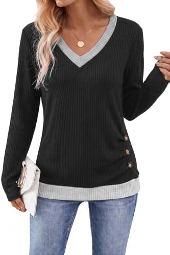 SENBATU Pullover Damen Strickpullover Langarm Sweatshirt Kontrast Oberteil | V-Ausschnitt,Langarm,Seitliche Tasten,Farbblockierung,Elegant Casual Langarmshirt,Basic Leicht Kleidung