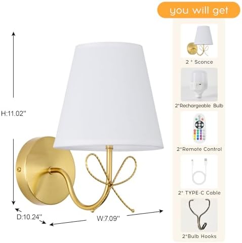 PASSICA DECOR Bow Wireless Battery Operated Wall Sconce Set of 2, Rechargeable Dimmable LED Lights 2×6500mAh with 15 Colors,Remote Control,Bow Lamp for Girls Rooms,Bedroom Living Room — view 6