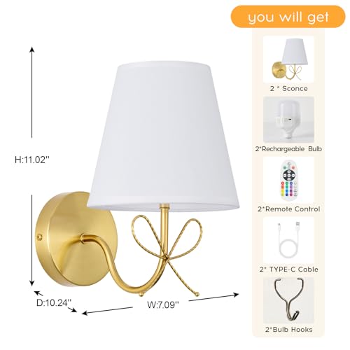 Image of PASSICA DECOR Bow Wireless Battery Operated Wall Sconce Set of 2, Rechargeable Dimmable LED Lights 2x6500mAh with 15 Colors,Remote Control,Bow Lamp for Girls Rooms,Bedroom Living Room