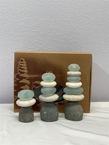 Garden Age Supply Mini Zen Meditation Glass Sculpture Balanced Stone Rock Cairn 3 Piece Set with Gift Box