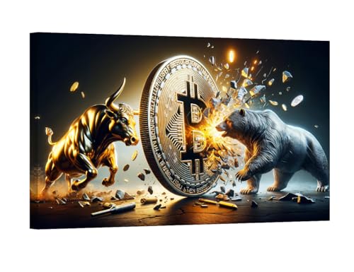 LSIUHWUWI Golden Bull vs Silver Bear with Bitcoin Wall Art Canvas Print Wall Bull vs Bear Office Decor Bitcoin Waterproof Wrapped Canvas for Wall Decor Ready to Hang 24x36 Inch
