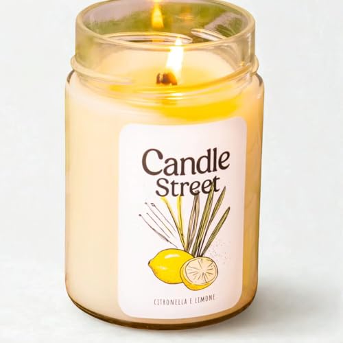Candle Street Vela antimosquitos natural | Cera de soja perfumada | Aceites esenciales de citronela y limón | 500 g – Larga duración 100 h | Vegana, artesanal, Made in Italy | para interiores y