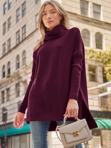 Image of LILLUSORY Women's Turtleneck Oversized Sweaters Long Batwing Sleeve Spilt Hem Tunic Pullover Knit Tops