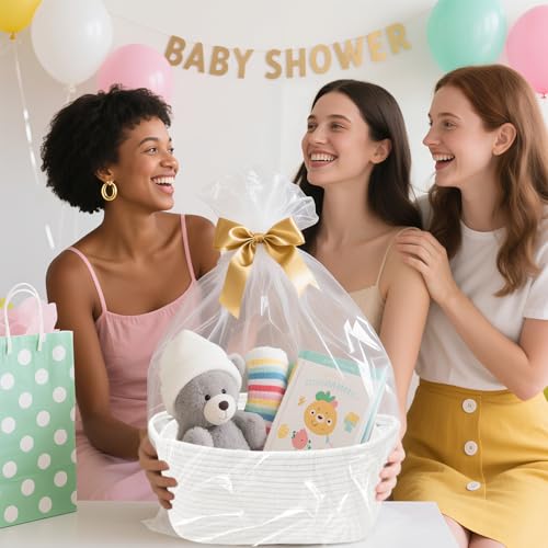 Image of Woven Basket with Gift Bags and Ribbons, 14 inchX 10 inch X 6 inch Storage Basket White | Gift Storage Organizer Basket Bin Shelf Shelves Cotton Rope Basket for Nursery, Pet Toys