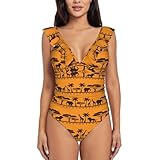 YQxwJL African Animals Print Women Ruffle V-Neck One Piece Swimsuit,Tummy Control Bathing Suit, V Neck Swimwear for Slimming