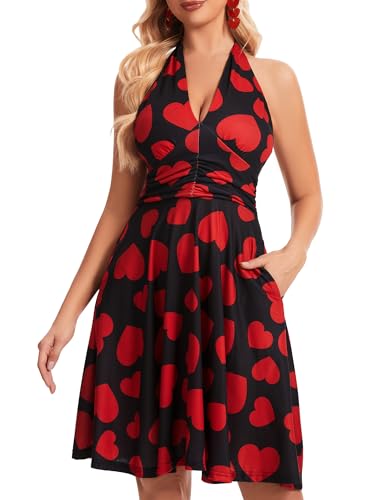 Image of Women's Festival Dress- Halter V Neck Sleeveless Ruffle Mini Dresses with Pocket