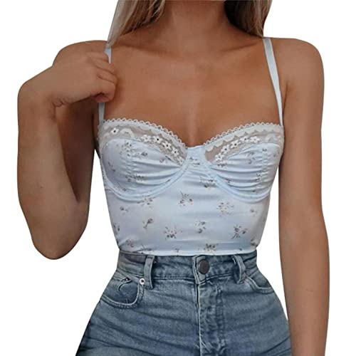 CHENGY Y2K Sexy Crop Top Damen V-Ausschnitte Ärmellose Blumen Drucken Solid Tank top Sommer Tshirt Tops Party Westen Bluse Spaghetti Strap Bauchfreies Tank Top Blumendruck Push Up Bustier Oberteile Cover