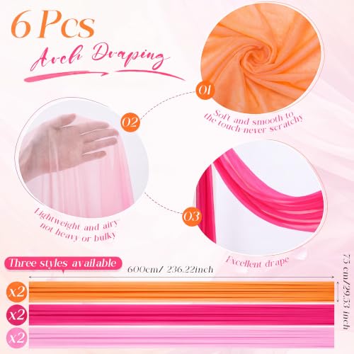Image of 6 Panels Pink Orange Wedding Arch Draping Fabric 2.46 x 20ft Sheer Chiffon Backdrop in Pink, Rose Red, Orange for Wedding Ceremony, Birthday, Bridal Shower, and Outdoor Party Decoration