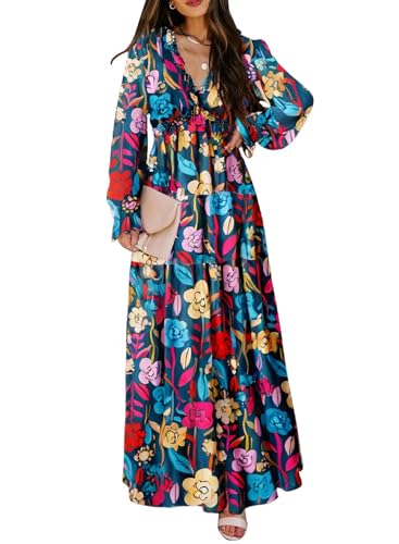 Image of BLENCOT Womens Casual Boho Floral Printed V Neck Long Sleeve Long Maxi Dress Spring Summer Dresses