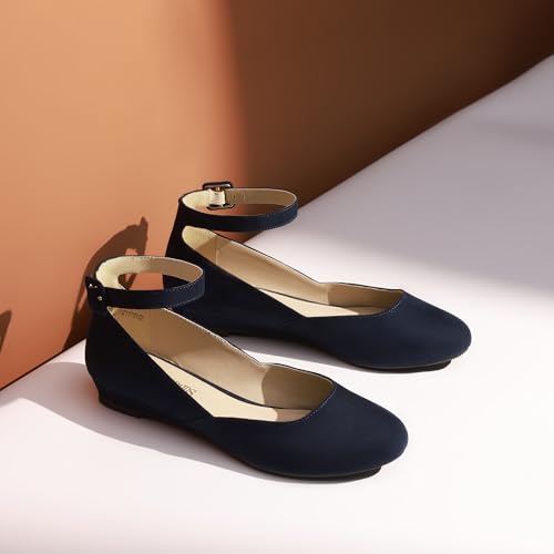 DREAM PAIRS Women's Ballet Flats Pumps Ballerina Ankle Strap Elastic Low Wedge Sandals Round Toe Comfy Dolly Shoes,Size 6.5,Navy/Suede,REVONA - Image 3