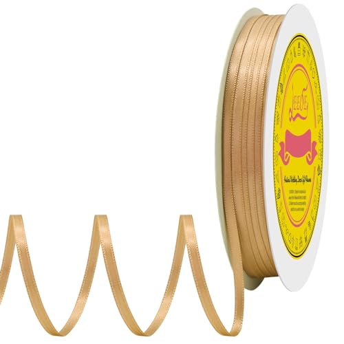 Image of Double Face Old Gold Satin Thin Ribbon 1 /8 inch X 100 Yards Polyester Old Gold Ribbon for Gift Wrapping Very Suitable for Weddings Party Hair Bow Invitation Decorations and More