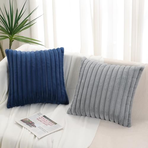 Image of Pallene Faux Fur Plush Throw Pillow Covers 26x26 Set of 2, Luxury Soft Fluffy Striped Decorative Pillow Covers for Sofa, Couch, Living Room, Navy Blue