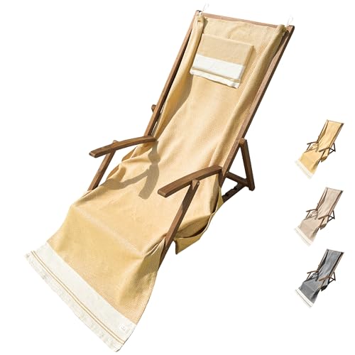SIEGENTHAL® Strandliegentuch mit Kissen, Befestigungsschlaufen & praktischen Seitentaschen – Hamamtuch mit Beutel – Leichtes Strandtuch, Badetuch, Picknickdecke – 70 x 185cm – Gelb