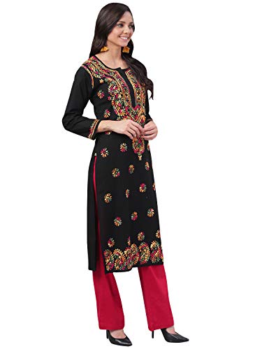 Image of Ada Women's Lucknowi Chikankari Hand Embroidered Straight Cotton Kurta Regular Fit Kurti Tunic A188048