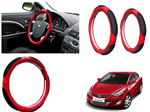 Image of Microfiber Car Steering Wheel Cover, Soft Padding Great Hand Feel, Anti-Slip, Faux Leather Steering Cover for Hyundai Elantra | Black Red Jali - Pack of 1