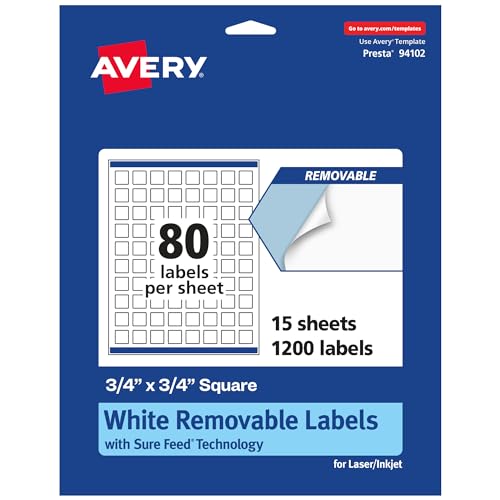 Avery Matte White Removable Square Labels, Sure Feed Technology, Print-to-The-Edge, 3/4" x 3/4", 1,200 Removable Labels, Laser/Inkjet Printable by Avery - Used condition - CA$23.64