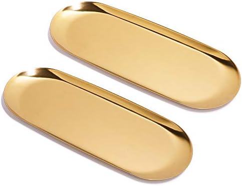 ANZOME 2 Sets Gold Trinket Serving Tray, Oval Stainless Steel Tray Towel Storage Dish Plate, Tea Fruit Trays Cosmetics Jewelry Plate Used in Bedroom, Kitchen, Living Room, Bathroom and Outdoors