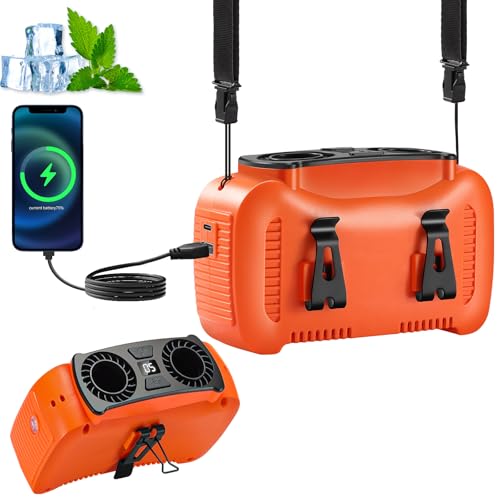 Image of Portable Waist Fan 16000mAh,Dual Brushless Motors,5 Speeds Belt Clip Fan Up to 25H Runtime,Wide-Range Airflow,3 Light Modes including SOS,Rechargeable Fan for Camping,Hiking, Fishing,Outdoor,Orange