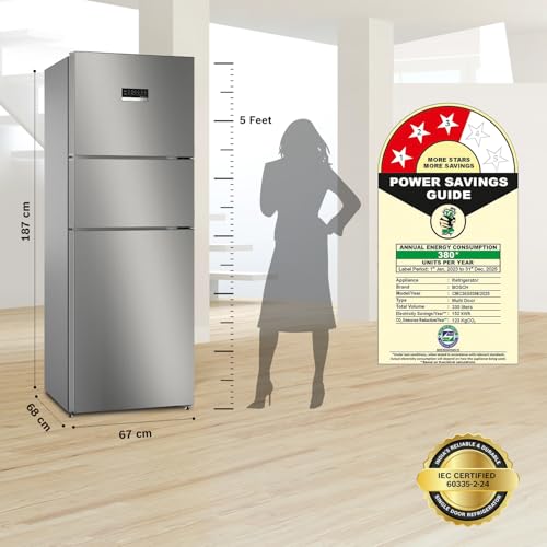 Image of Bosch MaxFlex Convert 335L,3 Star Inverter Frost Free Triple Door Refrigerator (CMC36S03NI, 8-in-1 Convertible, UV Protected Body Shield, VitaFresh Technology, Adaptive UI, Smoky Steel)