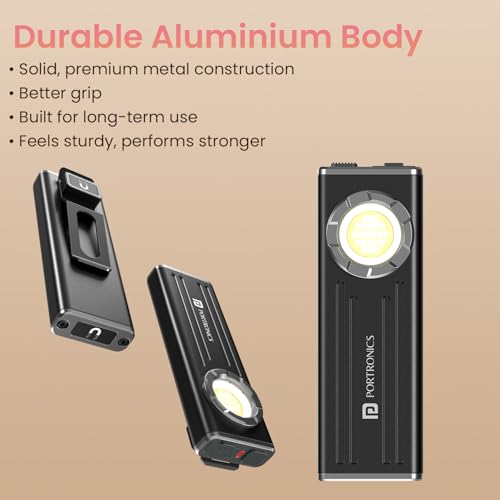 Image of Portronics Eco Glow Bolt Rechargeable Magnetic LED Torch, 650 Lumens, 3 Modes, Type-C Charging, Pocket Clip, Aluminium Body, 35m Beam Range, Ideal for Camping, Repairs, Car, Emergency & Home Use