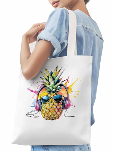 Canvas Tote Bags,Grocery Shopping Cloth Bag Pineapple Headphone Reusable Shoulder Bags Tote Bag for Travel Work Gym3