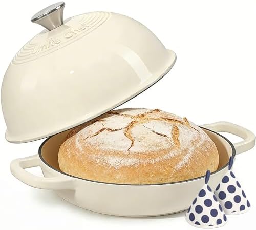 Enameled Round Cast Iron Bread Oven, 6 Qt Cast Iron Dutch Oven for Homemade Sourdough Bread Baking, Bread Pot with Dome Lid & Cotton Potholders (Cream White) - Thumbnail 2