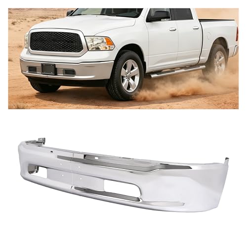 ALMULOO Front Bumper Face Bar Compatible with 2013-2018 Ram 1500 2019-2024 Ram 1500 Classic Replacement for CH1002397 68160855AC W/O Sensor Holes&Fog Lights Holes Steel Chrome Silvery 2Pcs