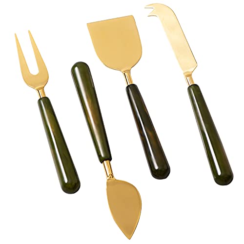 Image of nestroots Cheese Knives Set of 4 Pieces |Cheese,Pizza Cutting & Serving Set with Knife | Heart Knife, Chisel Knife, Serving Fork, Soft Cheese Knife | Stainless Steel with Resin Handles (Gold & Green)