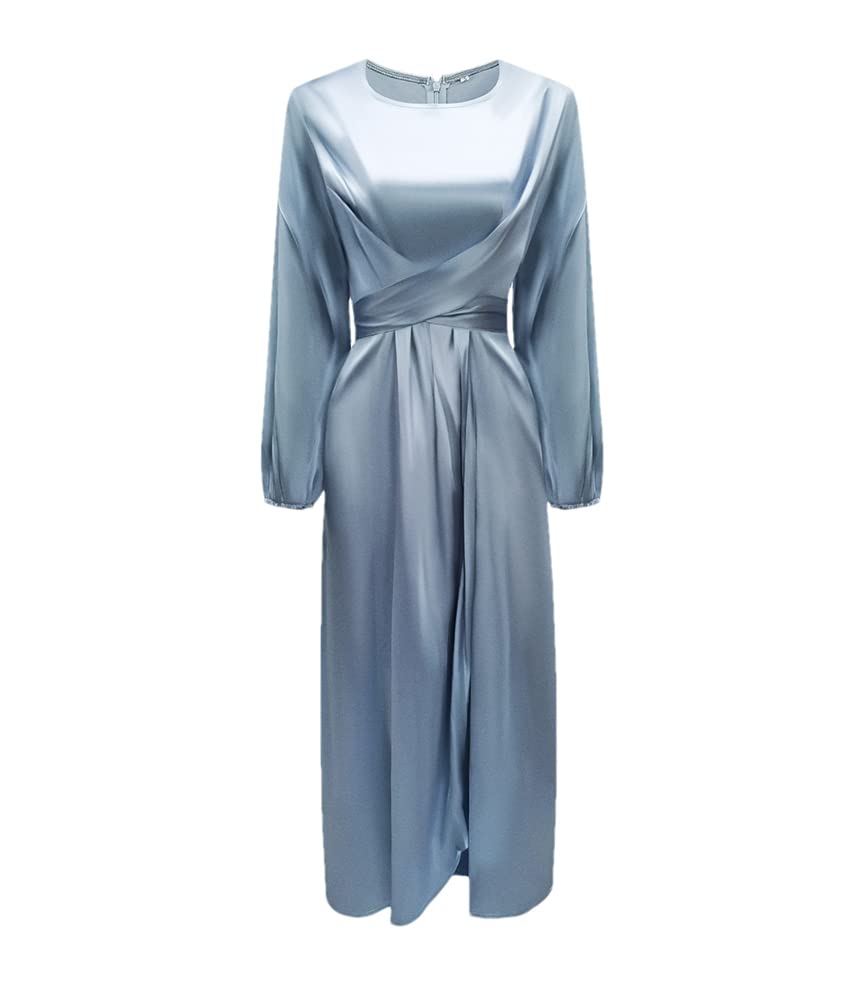 DBFBDTU Spring Summer Solid Color Laced Dress Round Neck Long Sleeve Party Dresses for Women