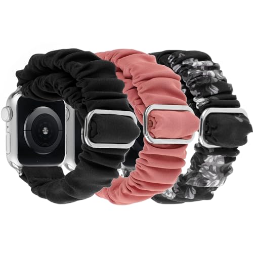 REALSIGN 3Pcs Elastic Scrunchies Bands Compatible with Apple Watch Band 38mm 40mm 41mm,Adjustable Cloth Strap Stretchy Solo Loop Wristband for iWatch Series 9 8 7 6 5 4 3 2 SE Women(38MM,Black/Reddish Orange/Flower)