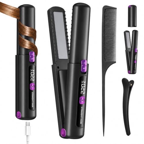 UIOF Hair Straightener Cordless Hair Straightener (LCD) Cordless Rechargeable Flat Iron 4500mAh Battery Portable Travel Straightener 2 in 1 Mini Charge Curling Iron (Unlock Required Before use)