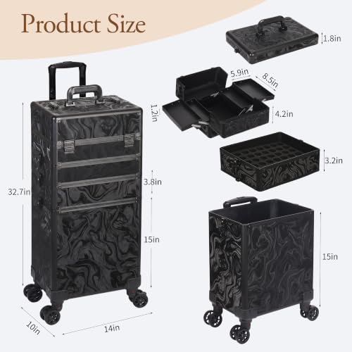 Image of 5 in 1 Rolling Makeup Train Case Professional Cosmetic Trolley Large Storage Organizer on Wheels for Hairstylist Artist Nail Beauty Salon Barber Alipine Black