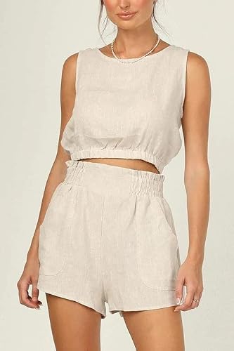 Blueming Women's Summer Two Piece Outfits Short Sets Sleeveless Round Neck Crop Top Tank Hight Waist Shorts With Pocket Apricot_2Xl #TOP3