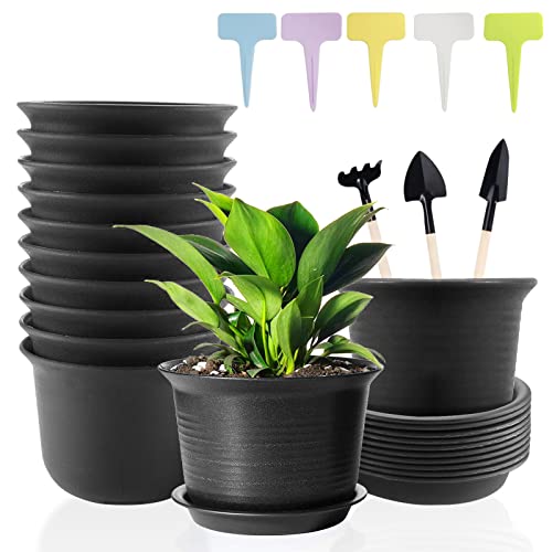 Maceta con Platillo, 10 Plastico Macetas + 10 Platillos + 3 Herramientas de Plantación + 10 Etiquetas para Plantas, Juego de Macetas, Tiestos para Plantas con Bandeja Inferior y Agujeros de Drenaje Cover
