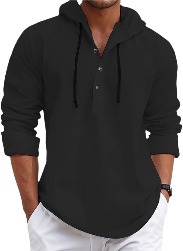 - Mens Solid Long Sleeve Drawstring Hoodie Button Up Shirt Casual Loose Fit Cotton Spring Fall Sweatshirt