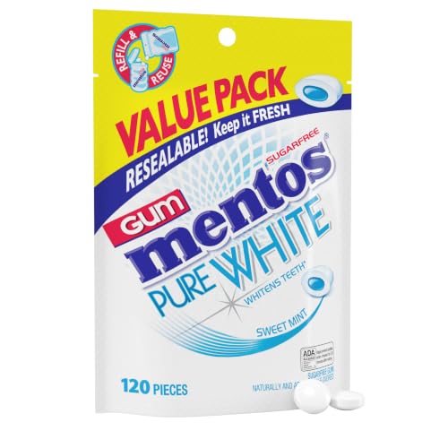 Image of Mentos Pure White Sugar-Free Chewing Gum With Xylitol, Sweet Mint, 120 Piece Bulk Resealable Bag (Pack of 1)