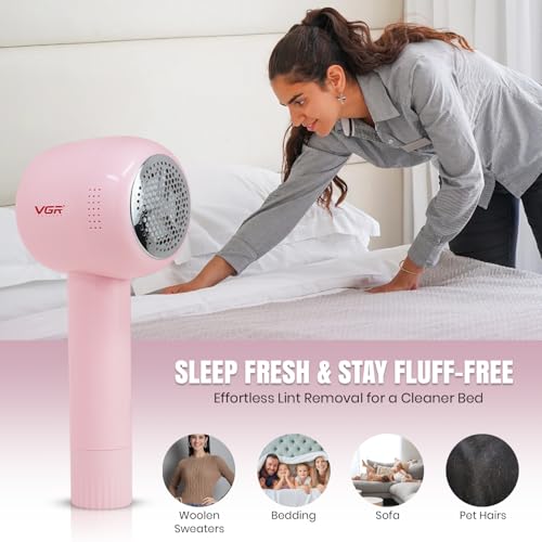Image of VGR V-813 Professional Lint Remover for Clothes, Rechargeable Fabric Shaver with Stainless Steel Blades, USB Type-C Charging, Powerful Fuzz Remover for Sweaters, Wool, Blankets & Furniture, Blush Pink