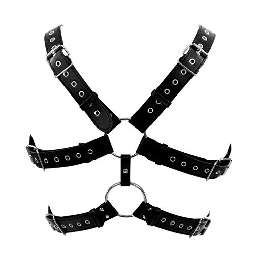 Men's Leather Body Chest Harness Belt Punk Belt Buckle Ring Adjustable Plus size (PG0128-Black)2