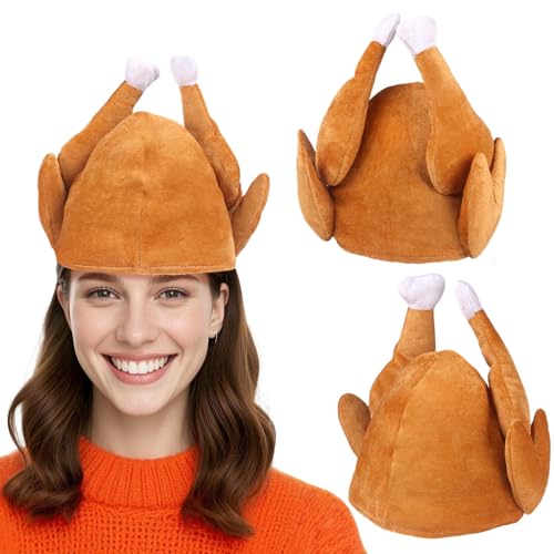 Evankin 3 Pack Turkey Hat for Adults Women Men, Plush Thanksgiving Roasted Turkey Costume, Funny Party Accessory for Christmas Halloween Holiday, One Size(3 Roasted Turkey Hats)