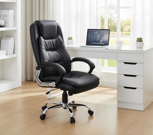 Image of High-Back Office Chair | Upholstery Leatherette | Director Chair & Executive Chair |Leathrerette Hande for Nylon|Top Office Chair Wheel Base | Black Color - (111011128)