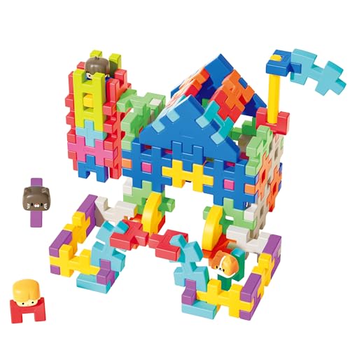 XRUFY Interlocking Building Blocks for Kids, 100+ Pcs STEAM Construction Set with Figures & Pets, Sensory Educational Toy for Preschoolers 3-8, with Building Manual & Storage Bin (L1)