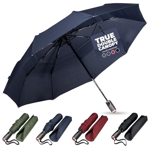 LifeTek Traveler 45 FX2 Windproof Travel Umbrella, Automatic Open Close, Compact for Rain and Sun, Fits in Purse or Backpack, Strong Heavy Duty Frame, Durable, UV Protection, Small and Portable Blue