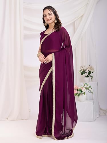Buy Ekasya Women Rangoli Silk Wine Solid Pattern Ready To Wear Pre-Stitched Saree With Unstitched Blouse (E2086_1) at Amazon.in - Image 4